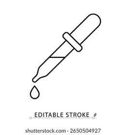 A dropper icon in minimalist style with editable stroke. Medical pipette, liquid dispenser, lab tool, precision instrument, chemistry testing, healthcare equipment, vector illustration.