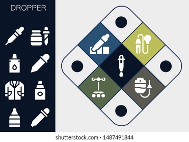 dropper icon set. 13 filled dropper icons.  Collection Of - Dropper, Eye drops, Eye Lab coat, Eyedropper, Pipette