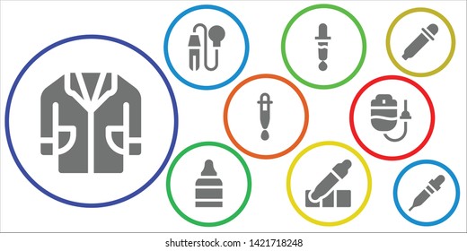 dropper icon set. 9 filled dropper icons.  Collection Of - Lab coat, Pipette, Color picker, Eye drops, Eyedropper, Dropper, Eye