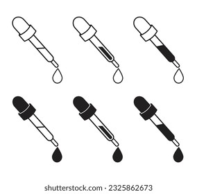 Dropper icon set. Picker pipette vector set. Droplet tube tool line icon set. Serum dosage dropper signs. Lab test pipette sign.