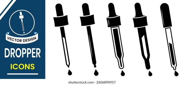 Dropper icon vector set. Silhouette of dropper vector symbol design. Eye, ink and  laboratory dropper icon sign. Vector illustration.