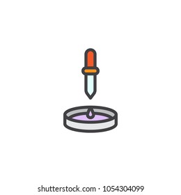 Dropper and laboratory equipment filled outline icon, line vector sign, linear colorful pictogram isolated on white. Chemical pipette and petri dish symbol, logo illustration.