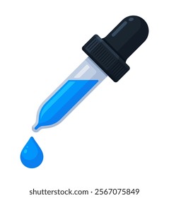 Dropper with light blue ink droplet. Skincare, essential oil, chemistry pipette, color picker concept. Flat vector illustration isolated on a white background