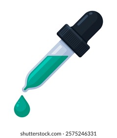 Dropper with light teal ink droplet. Skincare, essential oil, chemistry pipette, color picker concept. Flat vector illustration isolated on a white background