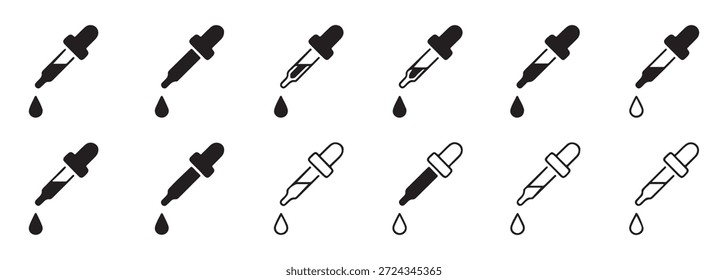 Tropfer mit Flüssigkeitstropfen, Vektorgrafik-Set. Symbole für medizinische und chemische Pipetten, einzeln auf Weiß.