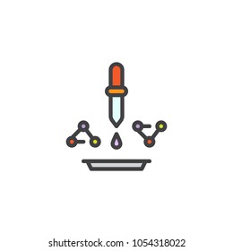 Dropper with molecule and lab glassware filled outline icon, line vector sign, linear colorful pictogram isolated on white. Chemical experiment symbol, logo illustration.