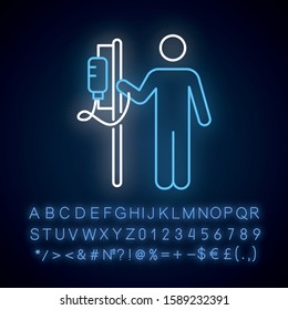 Dropper neon light icon. Medical procedure. Healthcare. Hospitalization. Infusion. Postsurgical recovery. Glowing sign with alphabet, numbers and symbols. Vector isolated illustration