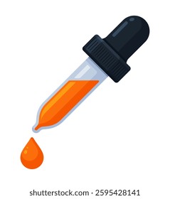 Dropper with orange ink droplet. Skincare, essential oil, chemistry pipette, color picker concept. Flat vector illustration isolated on a white background