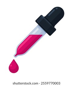 Dropper with pink ink droplet. Skincare, essential oil, chemistry pipette, color picker concept. Flat vector illustration isolated on a white background