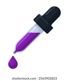 Dropper with purple ink droplet. Skincare, essential oil, chemistry pipette, color picker concept. Flat vector illustration isolated on a white background