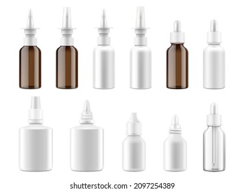 Dropper and spray bottles mockup set. 3d Realistic medical containers for nasal, eye drops, aromatic oil. Vector isolated plastic and glass bottles with screw lids on white background