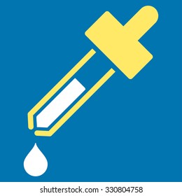 Dropper vector icon. Style is bicolor flat symbol, yellow and white colors, rounded angles, blue background.