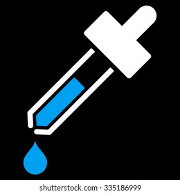 Dropper vector icon. Style is bicolor flat symbol, blue and white colors, rounded angles, black background.