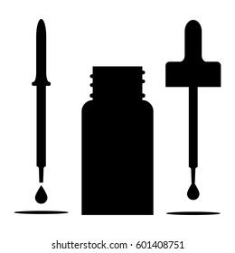 Dropper vial bottle with a pipette, eyedropper and drops. Vector clipart. Illustration on white blank background. Silhouette.