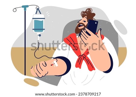 Dropper with vitamins for man with smile talking on phone and receiving preventive medicine to strengthen immune system. Hospital dropper with medicinal solution near young guy with smartphone