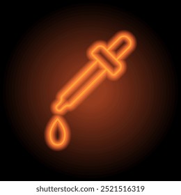 Dropper and water drop simple icon vector. Flat design. Orange neon on black background.ai