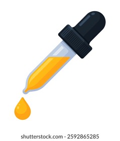 Dropper with yellow ink droplet. Skincare, essential oil, chemistry pipette, color picker concept. Flat vector illustration isolated on a white background