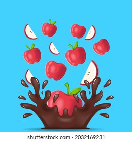 dropping an apple and sliced apple make splash chocolate. vector illustration design