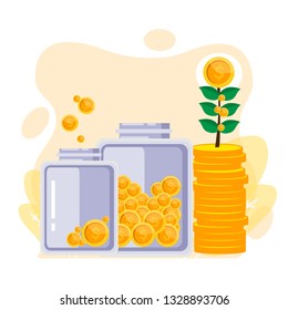 dropping coin and coins and jar. Saving money concept. 