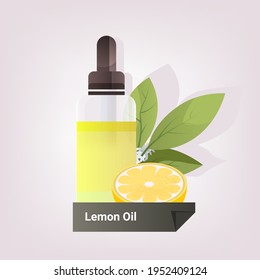 dropping essential lemon oil glass bottle with yellow liquid citron fruit and leaves natural face body beauty remedies concept