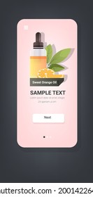 Dropping Essential Sweet Orange Oil Glass Bottle With Orange Fruit And Leaves Natural Face Body Beauty Remedies Concept Smartphone Screen Mobile App Vertical