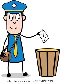 Dropping a Letter in Trash Bin - Retro Postman Cartoon Courier Guy Vector Illustration