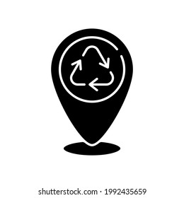 Dropping off locations black glyph icon. Place with collection bins. Landfill and recycling centers. Drop-off hard-to-recycle waste. Silhouette symbol on white space. Vector isolated illustration