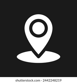 Dropping pin point dark mode glyph ui icon. Find location on map. User interface design. White silhouette symbol on black space. Solid pictogram for web, mobile. Vector isolated illustration