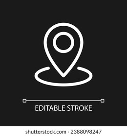 Dropping pin point pixel perfect white linear ui icon for dark theme. Find location on map. Vector line pictogram. Isolated user interface symbol for night mode. Editable stroke. Arial font used