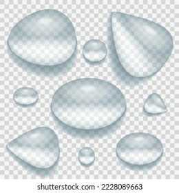 Drops 3D on transparent background. Realistic water rain drops set. Vector illustration. 
