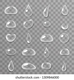 drops 3d realistic liquid water surface icons set transparent background vector illustration