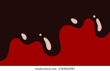 Drops of black sauce liquid. Soy sauce melt on red background for banner or packaging design
