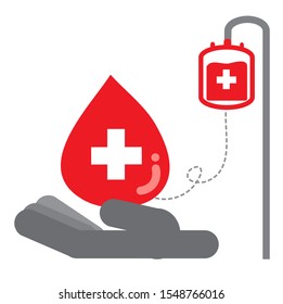 Drops of blood in hand from donor blood.