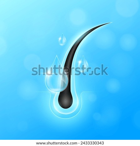 Drops blue serum fall into hair. Hair care too vitamins minerals collagen. Follicles from brittleness, damage make soft and shiny. Shampoo and salon treatment ads. Vector EPS 10.