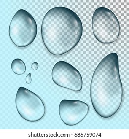 Drops of blue water on a transparent background. Vector collection