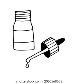 drops in a bottle with a pipette hand drawn doodle. vector, scandinavian, nordic, minimalism, monochrome. icon. medicine, runny nose, health, treatment.