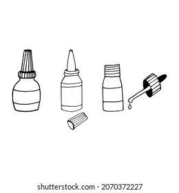 drops in a bottle with a pipette hand drawn doodle. vector, scandinavian, nordic, minimalism, monochrome. set icon. medicine runny nose health treatment
