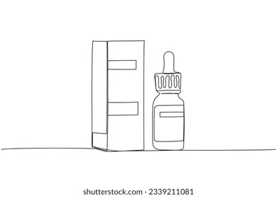 Drops in a bottle with a pipette, medicine one line art. Continuous line drawing of pharmacy, healthcare, drop therapy, medical, medical, pharmacy, health, medicine, therapy, treatment, pharmaceutical