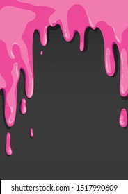 Drops of bright pink paint flow down on a black background. Abstract pattern. Vertical page layout for advertising. Empty space for text.