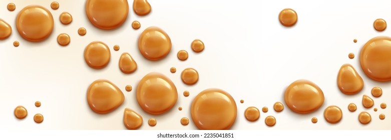 Drops of caramel sauce, toffee, candy cream or syrup. Banner template with liquid sweet sauce, milk chocolate or caramel splash on white background, vector realistic illustration