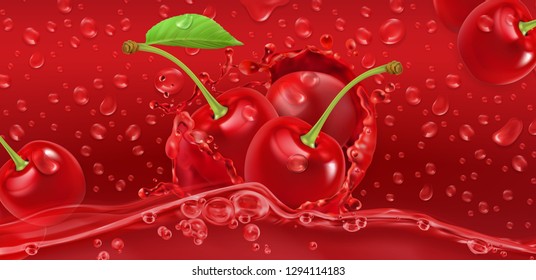 Drops. Cherry juicy. 3d realistic vector