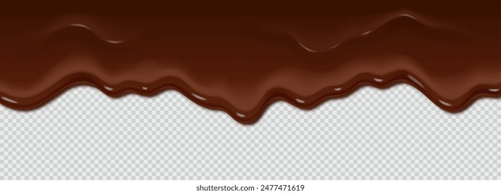 Drops of chocolate glaze drip down from the top. Chocolate icing pours on transparent background.Realistic 3D thick and rich chocolate icing for decoration or advertising banner. Copy space for text