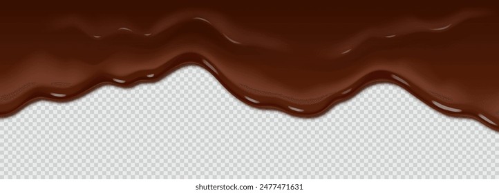 Drops of chocolate glaze drip down from the top. Chocolate icing pours on transparent background.Realistic 3D thick and rich chocolate icing for decoration or advertising banner. Copy space for text