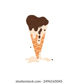 Drops of chocolate and vanilla ice cream flow down crispy wafer cone to puddle vector illustration