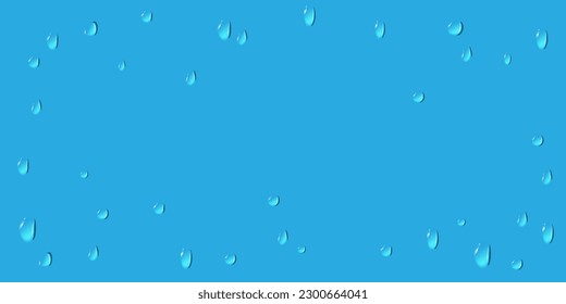 Drops of condensation water on a blue background. Rain drops with light reflection on blue window surface, abstract wet texture with copy space for discount flyer, promotion stickers, lables, web 