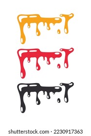 Drops of decorative confectionery glaze in cartoon style. Liquid caramel and chocolate. Drops of jam for the decor of the culinary menu. Design element for confectionery products.