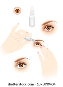 drops for eyes, eyes tired and after instilling drops on a white background