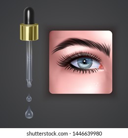 Drops for eyes, eyes tired and after instilling drops, Realistic Eye drops in glass vial with pipette, Vector EPS 10 illustration