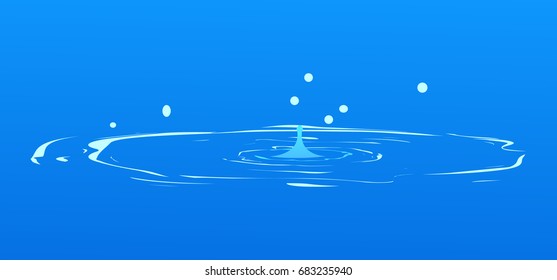 Drops falling into water isolated on blue. Spring characterized by intermittent discharge of water ejected turbulently and accompanied by steam. Splashes of water in round aqua source of liquid vector