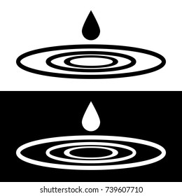 Drops falls forming a circles on the water. Droplets symbols isolated on the white and black backgrounds. Graphic icons. Vector illustration